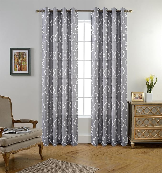 MIUCO Moroccan Embroidered Semi Sheer Curtains Linen Look Grommet Curtains for Living Room 52 x 84 Inch Set of 2, Grey