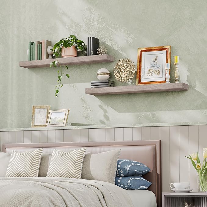 HOOBRO Floating Shelves for Wall, Wall Mounted Shelf Set of 2, 47.2" Hanging Shelf with Invisible Brackets, for Wall in Bathroom, Bedroom, Toilet, Kitchen, Living Room, Office, Greige BG120BJP201