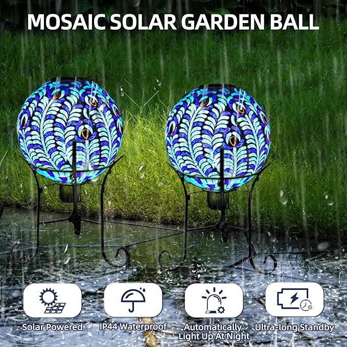 VOREEN Solar Gazing Ball, 10" Mosaic Glass Gazing Globe with Solar Light, Handmade Outdoor Yard Decor Sphere for Patio Lawn Garden, Gift for Mom Wife Friend, Peacock Feather Design (Blue)