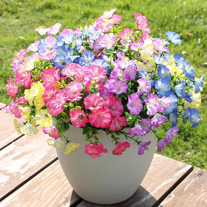 Artificial Flowers for Outdoors Fake Plants Outside Decoration, 12 Bundles Silk Colorful Morning Glory with Eucalyptus UV Resistant Realistic Faux Flowers for Planter Porch Patio Yard Indoor