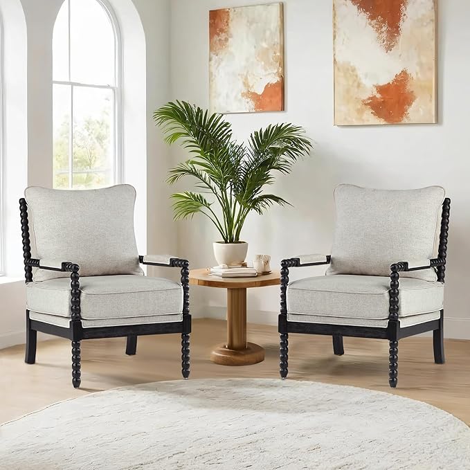 DUHOME Linen Fabric Spindle Accent Chairs Set of 2,Bobbin Chair with High Resilience Spring Cushion and Armrest Pads, Leisure Armchair for Living Room Bedroom Farmhouse Home Office Belcony