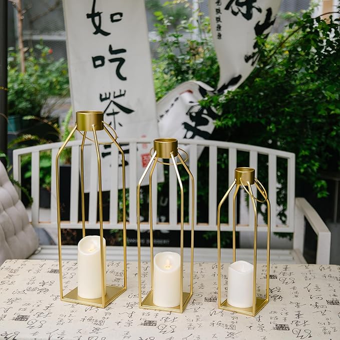 HPC DECOR Modern Farmhouse Lantern Decor- 22''19''16''Tall Large Gold Metal Candle Lanterns for Home Decor-Lanterns Decorative w/Timer Flickering Candles for Living Room,Outdoor,Fireplace Mantle Decor