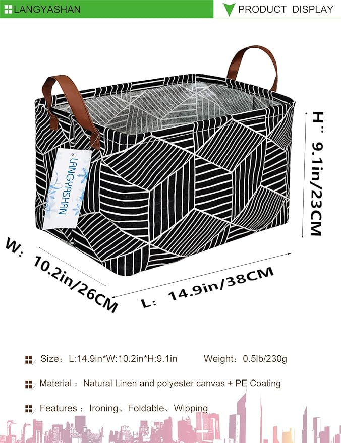 LANGYASHAN Rectangular Storage Bin Collapse Canvas Fabric Cartoon Storage Basket with Handles for Organizing Home Kitchen Boys and Girls Toys Office Closet Shelf Baskets (Black Diamond)