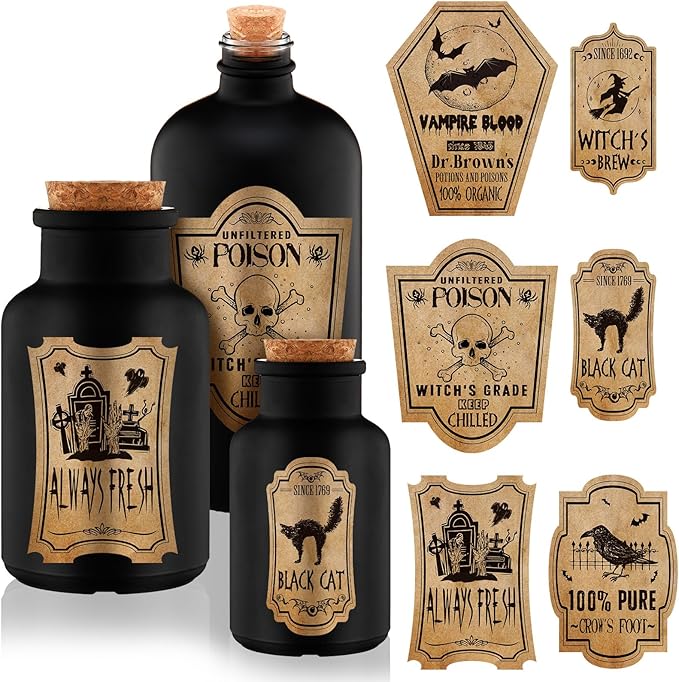 Umigy 3 Pcs Vintage Glass Potion Bottles with Cork Lid Black Halloween Tiered Tray Decoration 12 Apothecary Bottles Jars Stickers Labels Halloween Table Home Bathroom Decorations Indoor