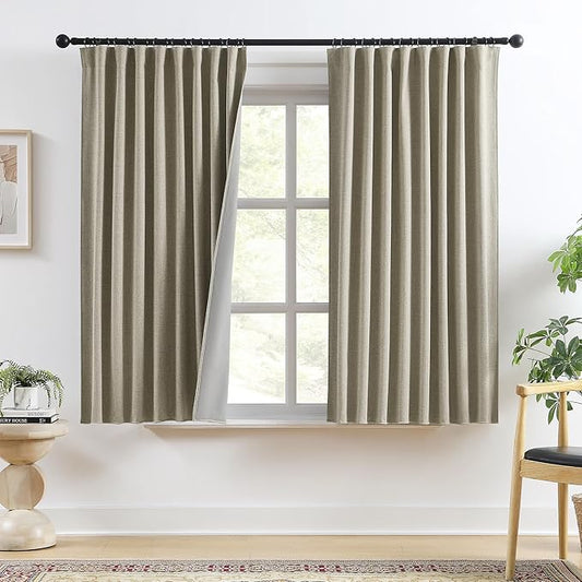 RAIN CITY Taupe Blackout Curtains Back Tab Rod Pocket Curtains 63 Inches Long, Linen Burlap Textured Room Darkening Curtains for Bedroom Nursery 2 Panels 50x63