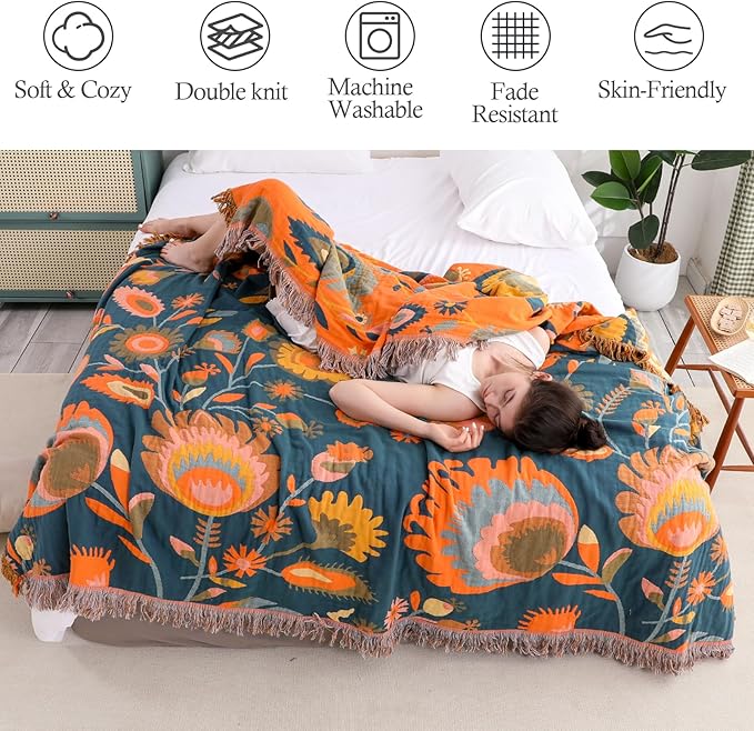 Snycler Boho Throw Blanket for Bed, 100% Organic Cotton Muslin Soft Throw-Orange Boho Floral Farmhouse Rustic Spring Summer Fall Decor Blanket for Couch Sofa Quilt and Gift, 80" x 90"