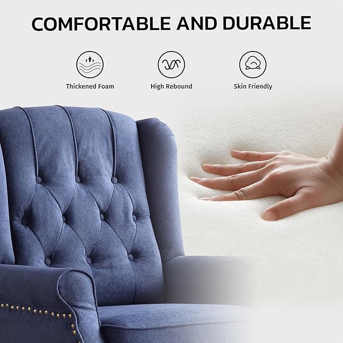 EBELLO 2 Pcs Pushback Recliner Chairs, Fabric Armchair Push Back Recliner with Rivet Decoration, Single Sofa Accent Chair for Living Room, Bedroom, Blue
