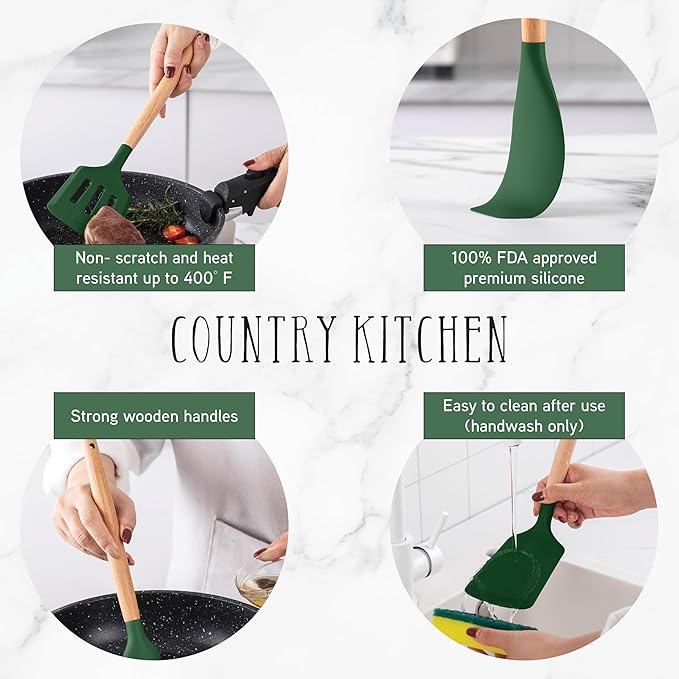 Country Kitchen Non Stick Silicone Utensil Set with Rounded Wood Handles for Cooking and Baking, 14 Piece Set, Green