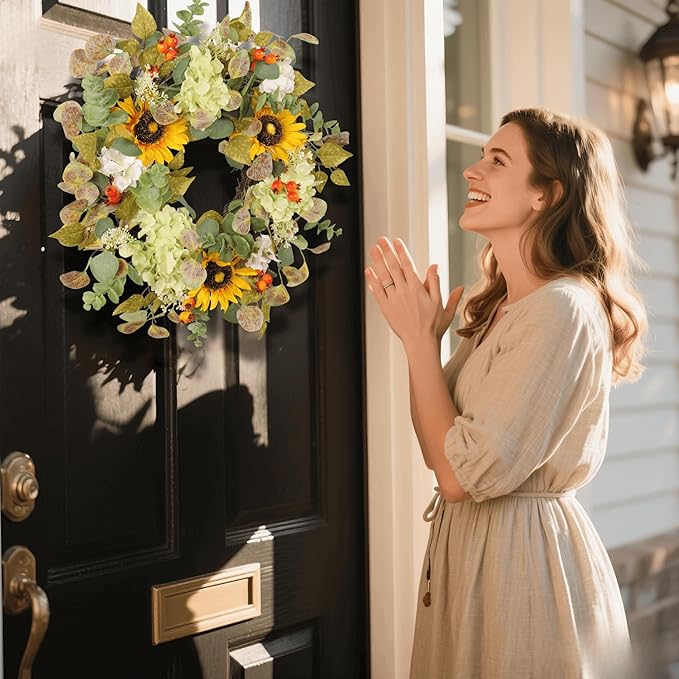 20IN Sunflower Wreath for Front Door Summer Hydrangea Wreath with Eucalyptus Leaves Orange Berries Farmhouse Door Decor for Easter, Mother’s Day, Indoor Outdoor Seasonal Wall Hanging