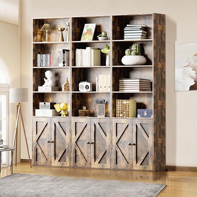 Tall Brown Wooden Bookshelf with Cabinet and Doors – 70.86" Bookcase with Doors, 6 Shelf Freestanding Tall Book Shelf for Living Room Storage, Bedroom, Home Office Organization – Brown Bookcase Wood