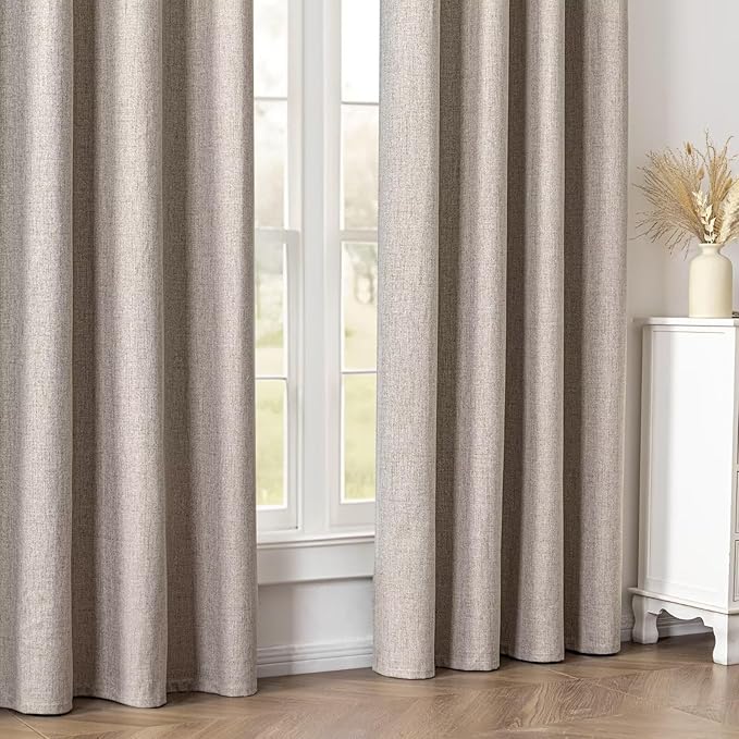 Linen Curtains 90 Inch Length 2 Panels Set, 100% Blackout Curtains Textured Thermal Insulated, Grommet Light Blocking Drapes for Living Room Bedroom Luxury Decor(52W × 90L inch, Linen)