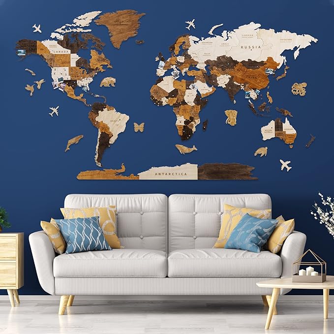 HYPERI Multilayered 3D Wooden World Map Wall Decor, Wood Art Wall Decor, Mapa Mundi Para Pared, World Maps and Push Pins, Valentine's Day Gifts For Dad, Mom, Boss, Husband, Wife (XX-Large)