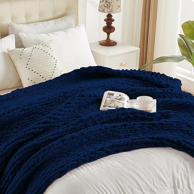 Carriediosa Chunky Knit Throw Blanket 60" X 80" Twin, 100% Hand Made Large Chenille Loop Yarn Soft Fluffy Throws for Couch Sofa Bed, Big Crochet Cozy Heavy Thick Cable Woven Blankets, Navy Blue