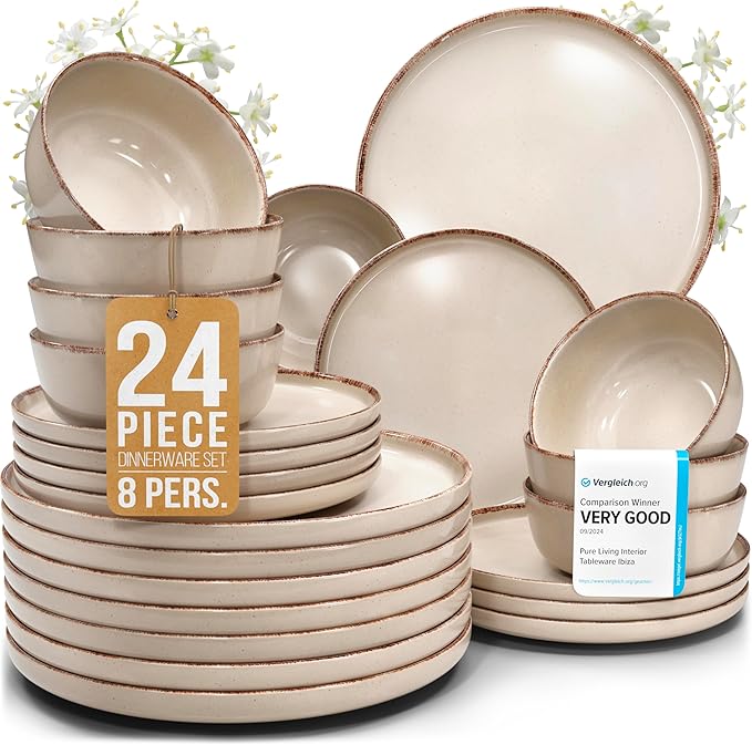 Stoneware dinnerware set 8 persons Rustic 24 pcs - Rustic design dinnerware set, dishwasher safe - Bowl and plate set - Pure Living dinnerware in beige…