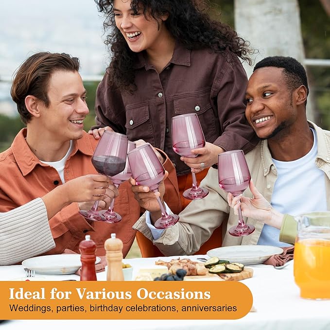 Pink Wine Glasses Set of 6-12oz Pink Long Stem Wine Glass Cups, Pink Pretty Crystal Glassware, Hand Blown Goblets Drinkware, Unique Drinking Stemware Holiday Gift Set for Women