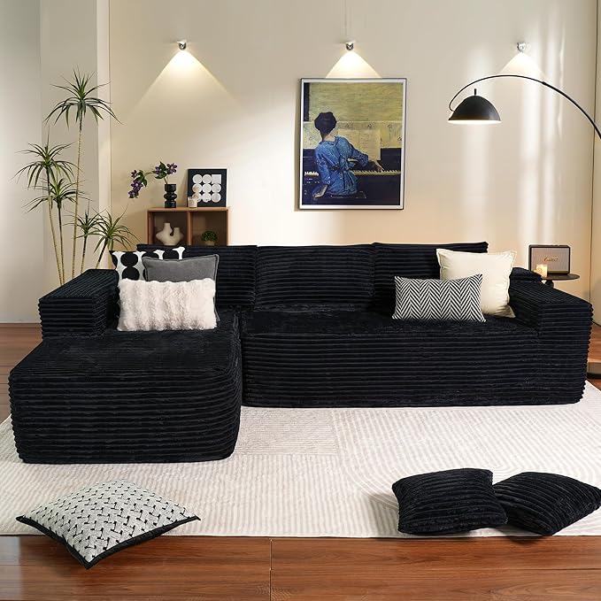 ovios 104" Cloud Sectional Couch with L-Shape Chaise,Modern Modular Sofa with Deep Seat, Upholstered Couches for Living Room Bedroom,No Assembly Required, Black (Plush Corduroy Fabric)