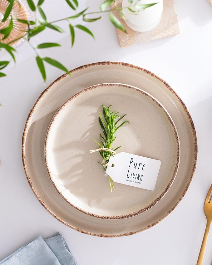 Stoneware dinnerware set 4 persons Rustic 12 pcs - Rustic design dinnerware set, dishwasher safe - Bowl and plate set - Pure Living dinnerware in beige…