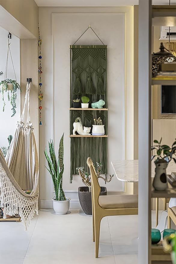 Hanging Shelf Macrame Wall Hanging Green Boho Shelfs with Tassels 2 Tier Floating for Plants Bedroom Dorm Living Room Wall Decor Rustic Wooden Organizer(Wood)