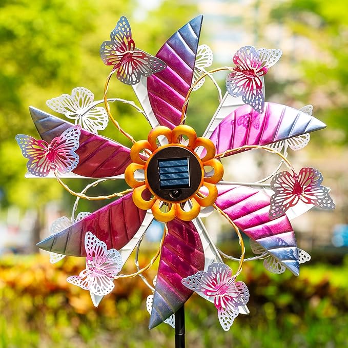 Solar Wind Spinners for Yard and Garden - 61.5 Inch 360° Metal Large Wind Sculptures Outdoor Clearance Kinetic Windmills with Vine String Shining LED Lights for Patio, Lawn Garden Decoration