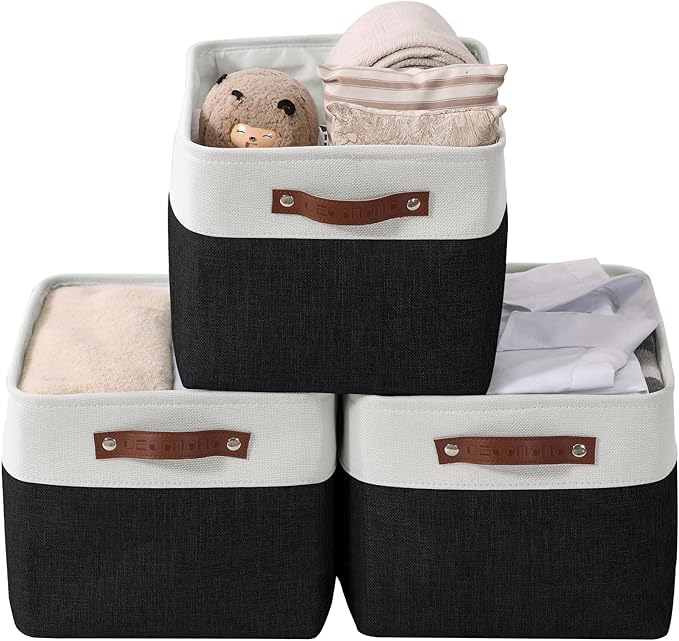 DECOMOMO Storage Bins Fabric Storage Baskets for Shelves, Linen Closet Organization Toys Nursery (Black and White, Large - 3 Pack)