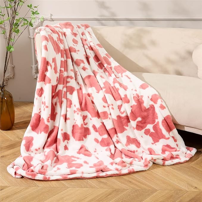 RYNGHIPY Cow Print Throw Blanket Soft Animal Cow Bed Throws Cute Farm Flannel Fleece Throw Blankets Thick Warm Plush Blankets for Sofa Couch Cow Decor Throws (Pink, 51''x63'')
