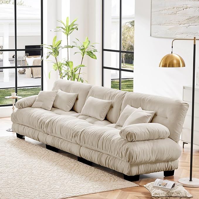 Modular Sectional Sofa Cloud Couch 3-Seater Deep Seat Sofa Couch, Oversized Couch Bed Sectional Couch with Round Bolster Armrests 5 Pillows, Modern Sofa Chair Comfy Couch