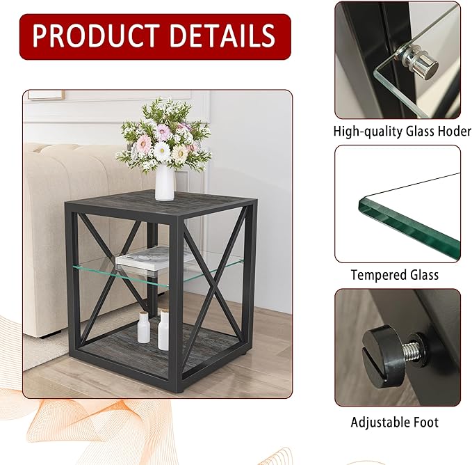 Farmhouse End Table, Modern Side Table with 3-Tier Storage Shelf, Square Rustic Nightstand, Accent Tea Table, for Bedroom Office Living Room, Grey, Natural Wood, Glass, Metal