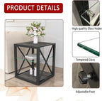 Farmhouse End Table, Modern Side Table with 3-Tier Storage Shelf, Square Rustic Nightstand, Accent Tea Table, for Bedroom Office Living Room, Grey, Natural Wood, Glass, Metal