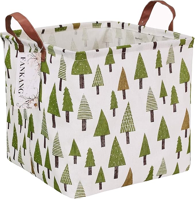 FANKANG Square Nursery Hamper Storage Bins Canvas Laundry Basket Foldable with Waterproof PE Coating Large Storage Baskets Gift Baskets for Children Office Bedroom ClothesToys (SquareGreen forest)