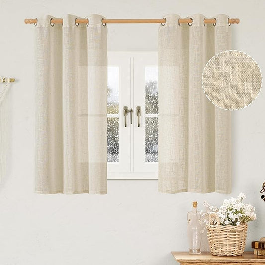 LAMIT Natural Linen Semi Sheer Curtains 48 Inch for Short Windows, Light Filtering Curtains Farmhouse Boho Bronze Grommet Drapes for Kitchen/Loft Room, 2 Panels (34 x 48 Inch, Linen)