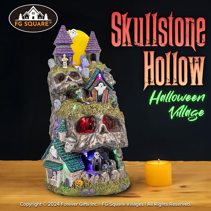 Skullstone Hollow Skull Theme Spooky Halloween Village Multi-Color LED Lights, Animated Motion and Music 7.75" x 7.5" x 13.5"