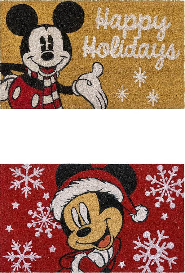 Gertmenian Disney Mouse Doormat Rug Retro Front Door Coir Mat Welcome Home Indoor Outdoor Entryway Carpet, 2-Pack 20x34, Mickey Happy Holidays/Snowflakes