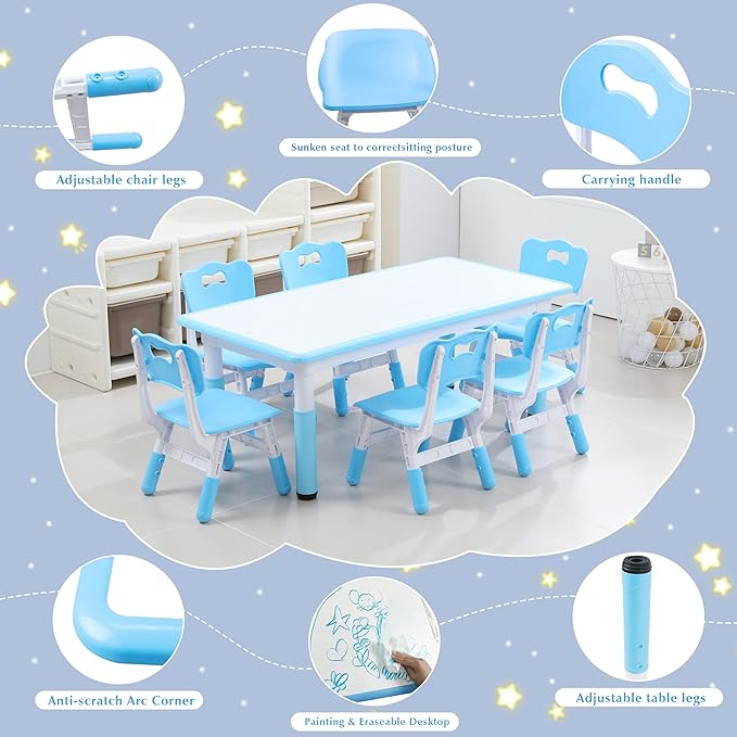 Kids Table and 6 Chairs Set with Graffiti Desktop, Toddler Furniture Set, Non-Slip, Table Children Study Desk, Dining Table, Height Adjustable Desk, Painting Desktop for Kids (47.2x23.6Inch)