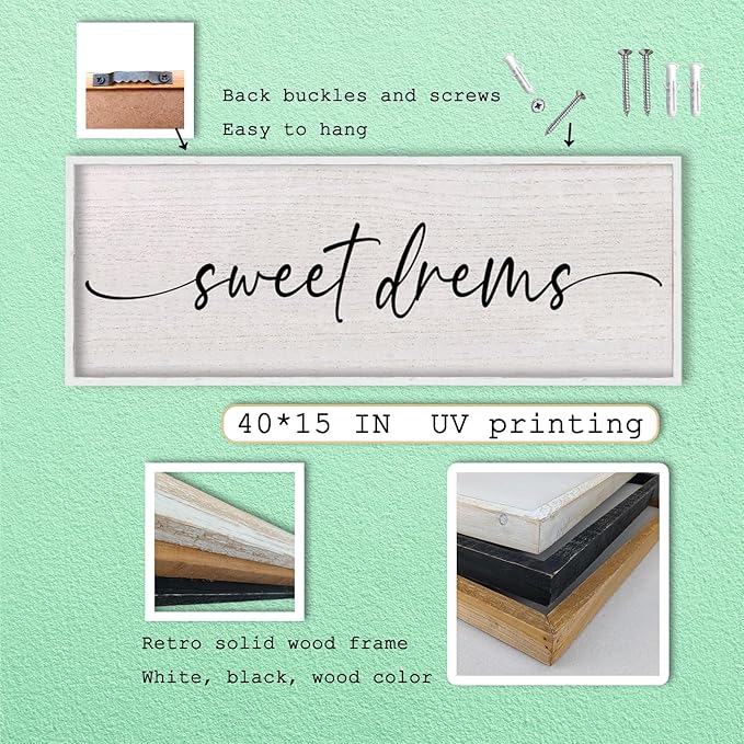 LuZhiQiang Sweet Dreams Sign Wall Decor Above Over Bed 40" x 15" Large Wood Framed for Guest Room Master Bedroom Hanging Wall Art (White)
