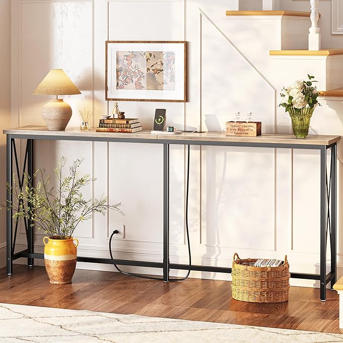 SUPERJARE 70 Inch Console Table with Outlets and USB-C Port, Extra Long Behind Couch Sofa Table with X-Shaped Design, Narrow for Entryway, Living Room, Metal Frame, Wooden Top, Grey Oak