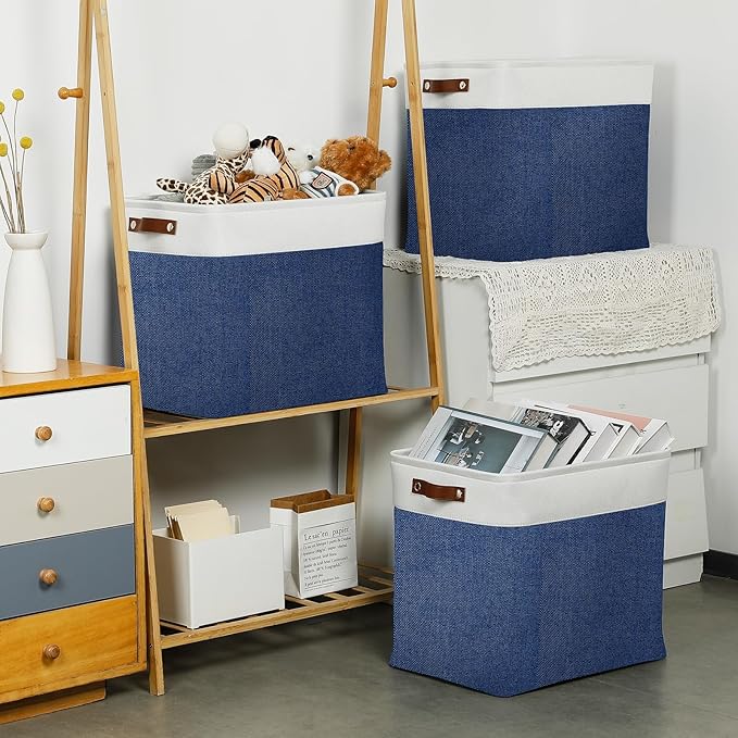 DULLEMELO 51L Large Baskets for Storage, Large Rectangular Baskets for Shelves [3 Pack], Blanket Basket Dog Toy Basket for Organizing Closet, Nursery, Clothes,Toys (White&Blue)