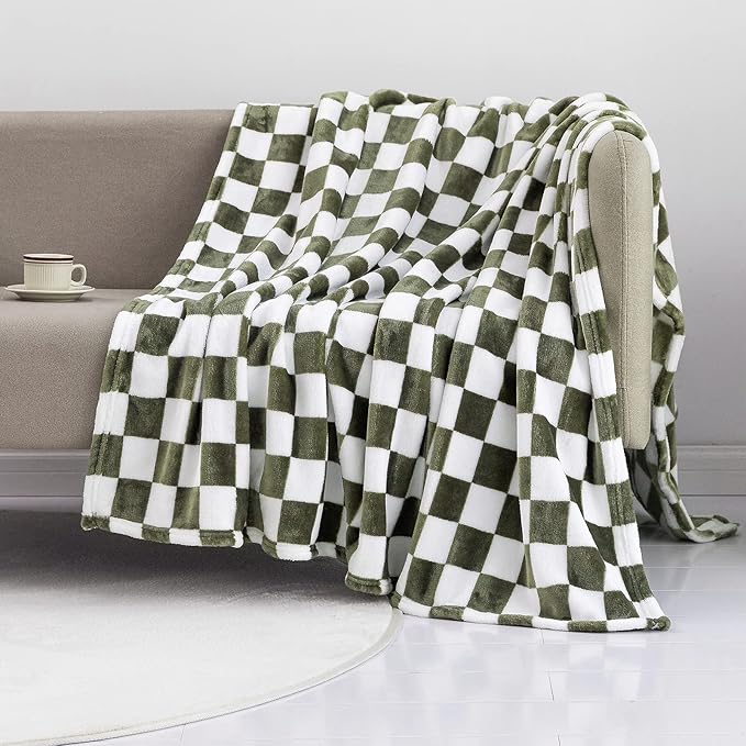 LOMAO Throw Blankets Flannel Blanket with Checkerboard Grid Pattern Soft Throw Blanket for Couch, Bed, Sofa Luxurious Warm and Cozy for All Seasons (Dark Olive, 60"x80")