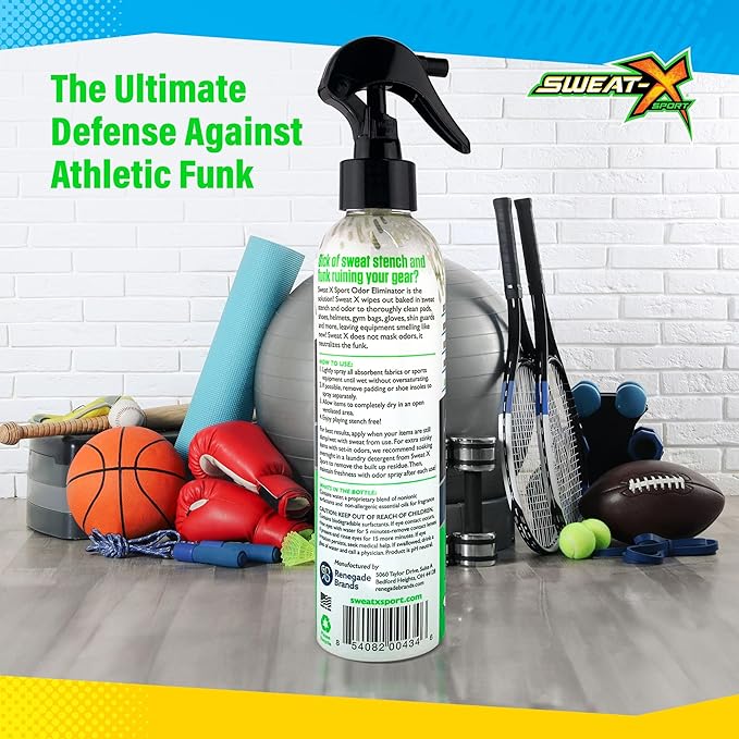Sweat X Sport Extreme Odor Spray – Multipurpose Deodorizer for Stinky Shoes, Clothes, Sports Equipment & All Fabrics – Concentrated Formula, No Washing Required - Active Fresh Scent – 8 Fl Oz