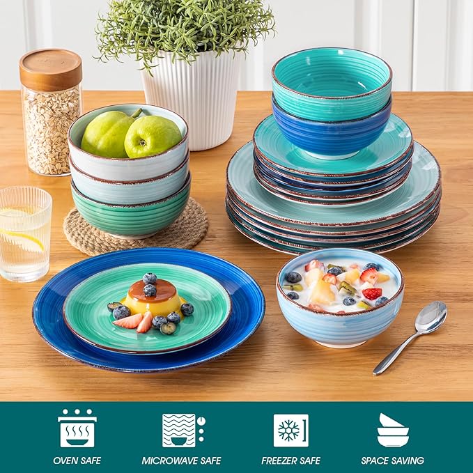 vancasso Bonita Dinnerware Set Blue Stoneware 18 Pieces Service for 4, Handpainted Spirals Pattern Stoneware Plates and Bowls Set