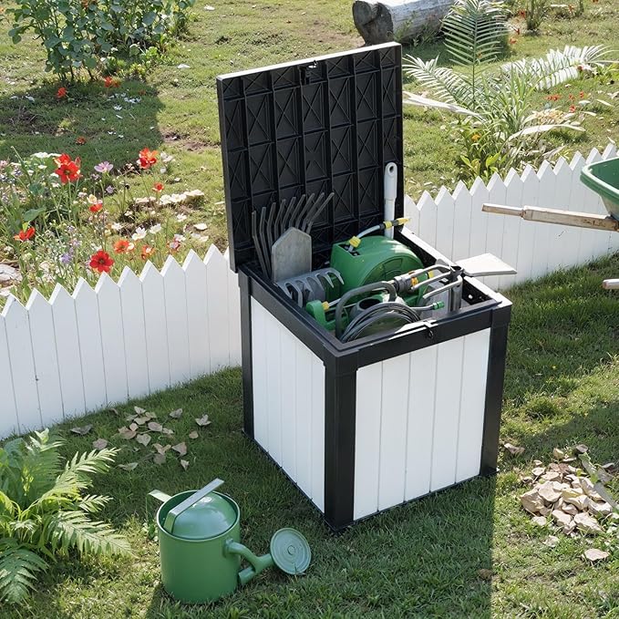 50 Gallon Resin Deck Box, Lockable Outdoor Storage Box for Patio Cushions Storage Furniture,Garden Tools, Pool Supplies, Weatherproof and UV Resistant (Black&White)