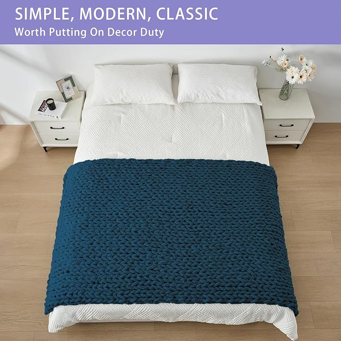 Bigacogo Chunky Knit Throw Blanket for Couch, 40x80 inches, 100% Hand Knitted with Thick Jumbo Chenille Yarn, Cozy Soft Large Rope Knot Cable Crochet Blankets for Sofa Bed Living Room, Deep Sea Blue
