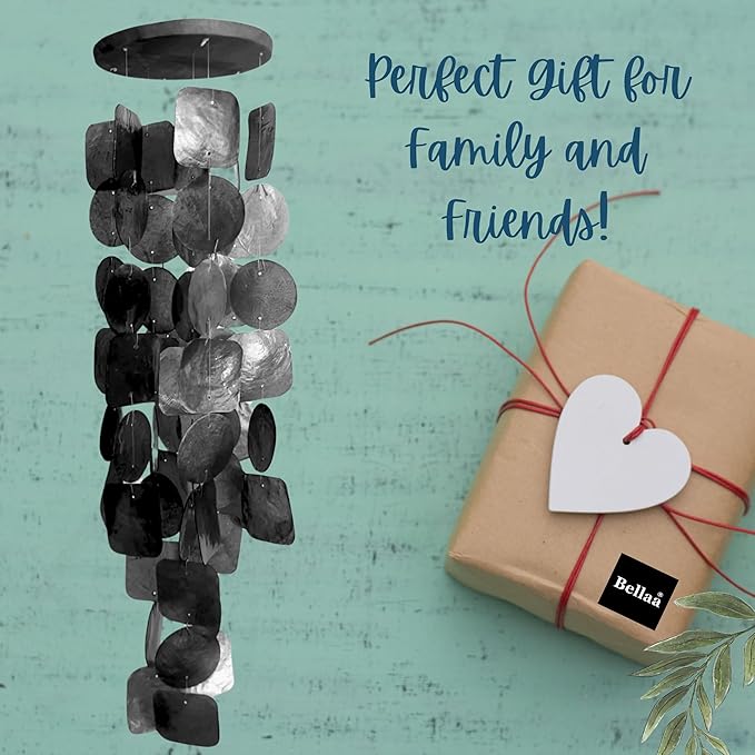 Bellaa 24995 Wind Chimes Outdoor, Garden Decorations, Musical, Indoor/Outside Windchimes, Beach, Ocean Breeze, Gifts for Mom, Gift for All Occasions, Capiz Sea Glass Shells Wood 27 inch Black