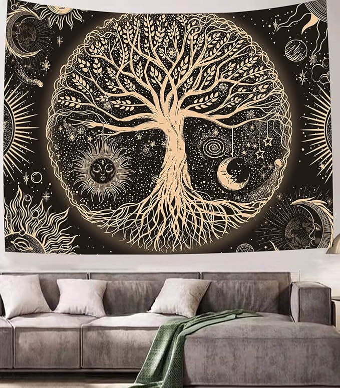 FORATER Tree of Life Tapestry Wall Hanging Sun Moon Stars Tapestries Aesthetic Galaxy Wall Tapestry Nature Home Decoration for Living Room Bedroom(53 x 61 Inch, Black and Gold)