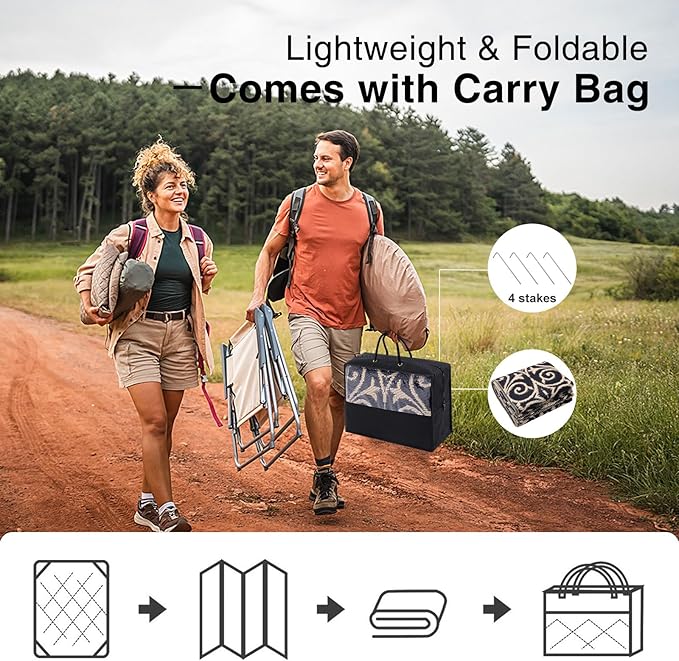 OLANLY Outdoor Rug Waterproof 9x12 ft Clearance, Reversible Outdoor Plastic Straw Rug with Floral Pattern, RV Mat for Patio, Camping, Balcony, Deck, Backyard, Black & Beige