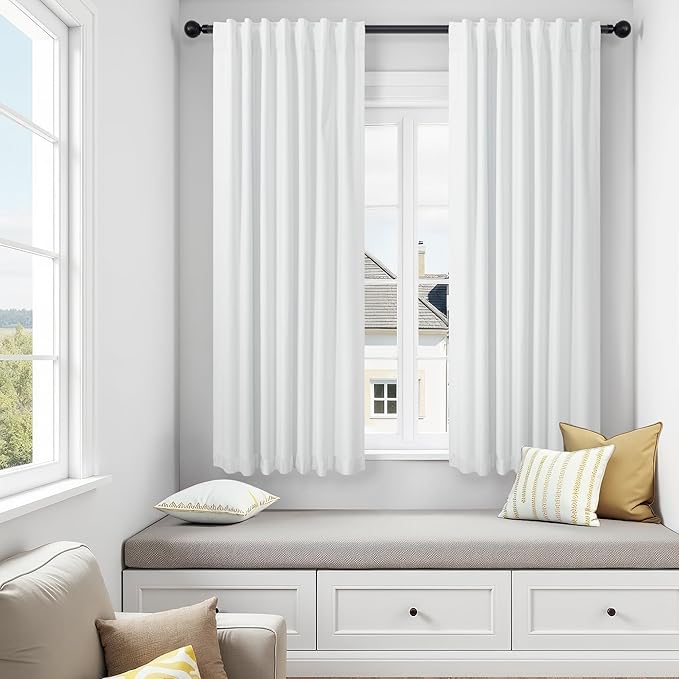 White Black Out Curtains 54 Inch Long 2 Panel Elegant Short Summer Curtains for Living Room Thermal Insulated Cotton Linen Blackout Drapes for 52-56 Inch Bay Window Country Chic Back Tab 52x54 Length