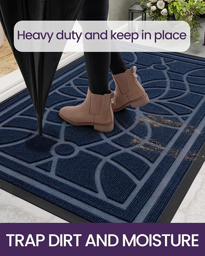 DEXI Front Door Mat Outside Entrance, Heavy Duty Non Slip Low Profile Doormat for Entryway, Trap Dirt and Moisture Welcome Mats, Easy Clean, Patio, Garage, 5x3, Blue