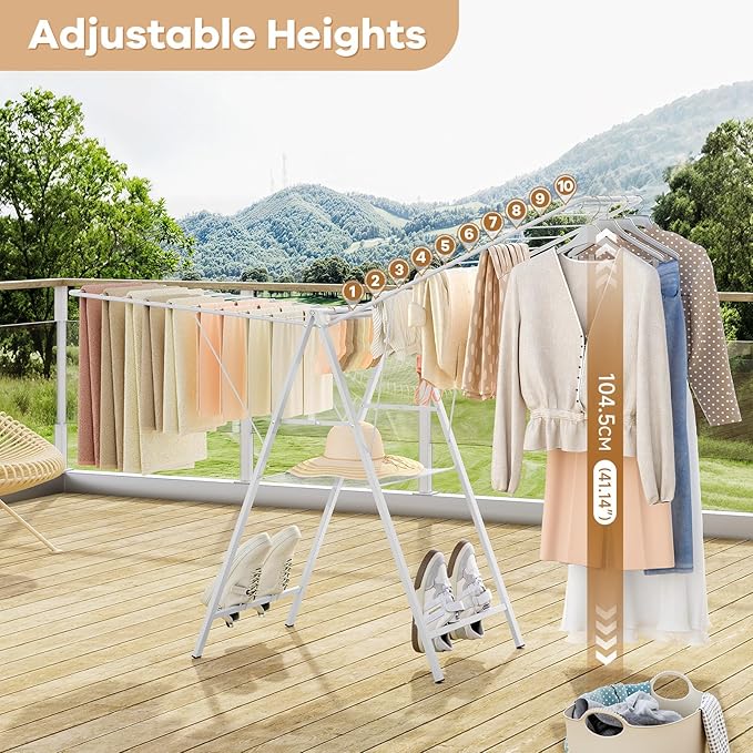 APEXCHASER Drying Rack for Clothing Foldable, Metal Laundry Rack Collapsible, Ultra Thin Gullwing Clothes Airer with Adjustable Height for Towel Baby Clothes Indoor Outdoor Laundry Room, White