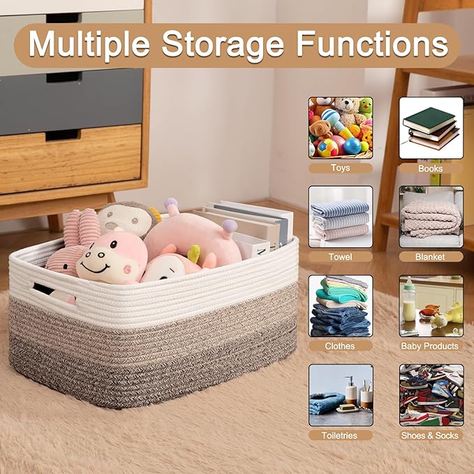 Large Storage Basket for Organizing, Woven Rope Basket for Shelves, Closet Organizer Bins for Clothes, Blanket, Toys, Baby Nursery Storage, 17.7" x 13" x 7.87", 2 Packs Yellow
