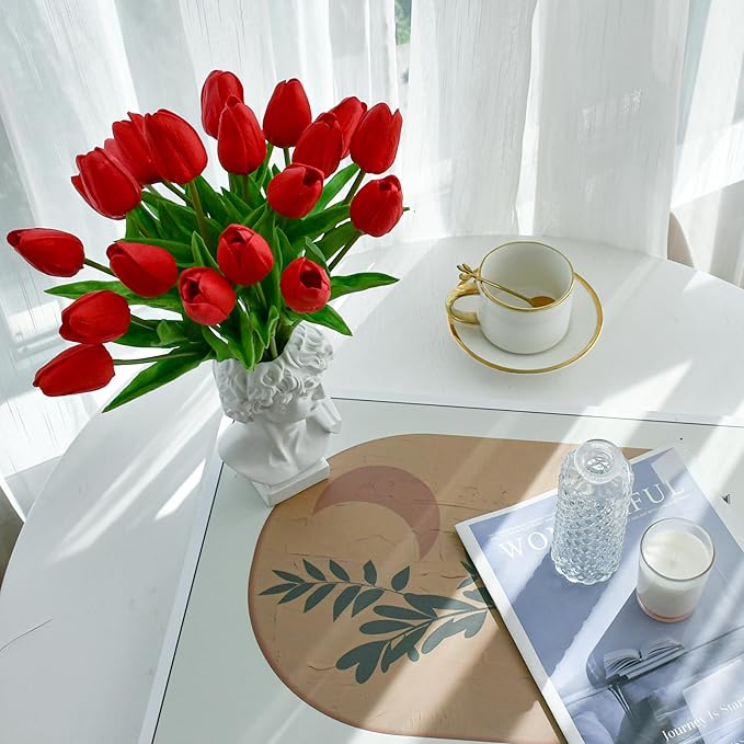 Mandy's Artificial Tulips 20 Stems Red PU Faux Flowers for Wedding Home Decor 13.5 Inch