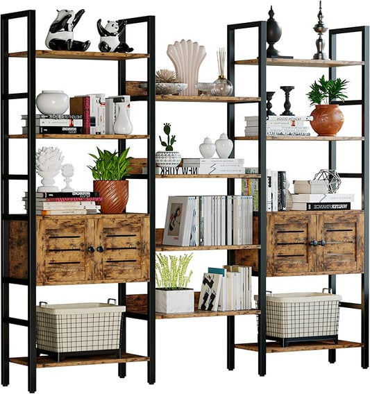 IRONCK Industrial Bookshelf and Bookcase with 2 Louvered Doors 5 Tiers Triple Wide Display Shelf with Storage Cabinet for Living Room Home Office